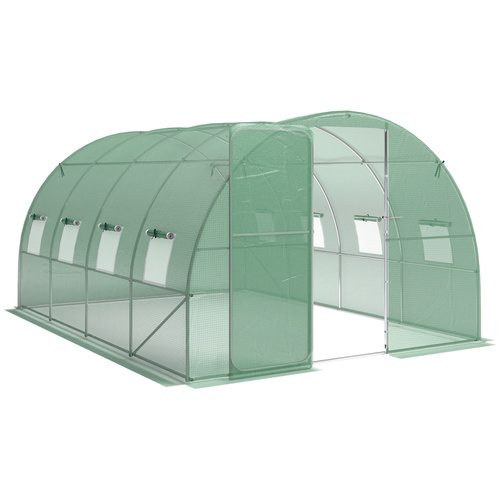 Outsunny 3 x 4 m Walk-in Polytunnel Greenhouse with Hinged Door and 8 Roll Up Mesh Windows, Garden Tunnel Warm House Tent, Green