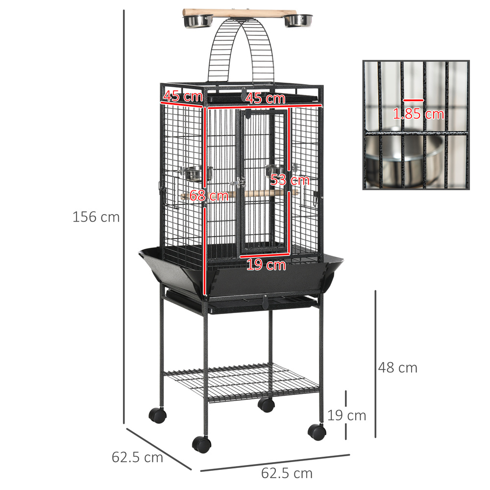 PawHut 156cm Bird Cage,Large Parrot Cage with Open Play Top, Perch, Seed Guard, Wheels, Storage Shelf, Dark Grey