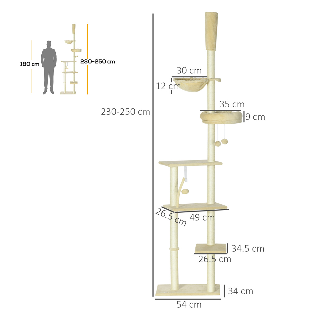 PawHut 230-250cm Floor-to-Ceiling Climbing Cat Tree Tower - Beige