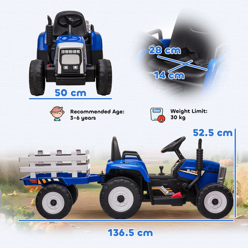 HOMCOM Ride On Tractor, Battery Powered Electric Car, with Detachable Trailer, Remote Control, Music, Blue