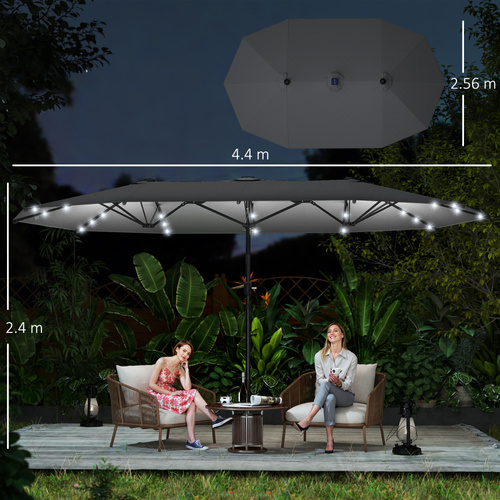 Outsunny 4.4m Double-Sided Sun Umbrella Patio Parasol LED Solar Lights Dark Grey