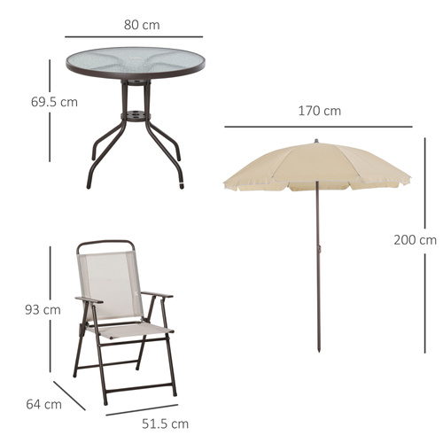 Outsunny Garden Patio Texteline Folding Chairs Plus Table and Parasol Furniture Bistro Set 6 Pieces - Coffee/Cream