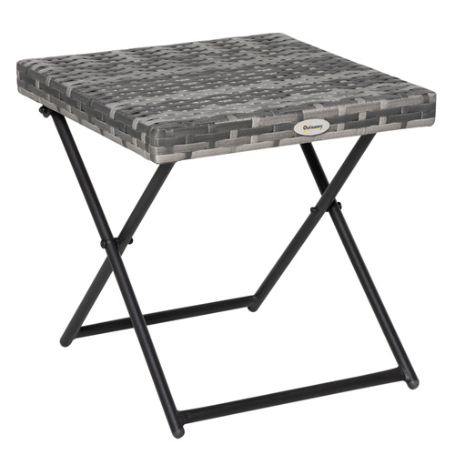Outsunny Square PE Wicker Rattan Folding Table,Weather Resistant Wicker Weave Side Table with Steel Frame, Grey