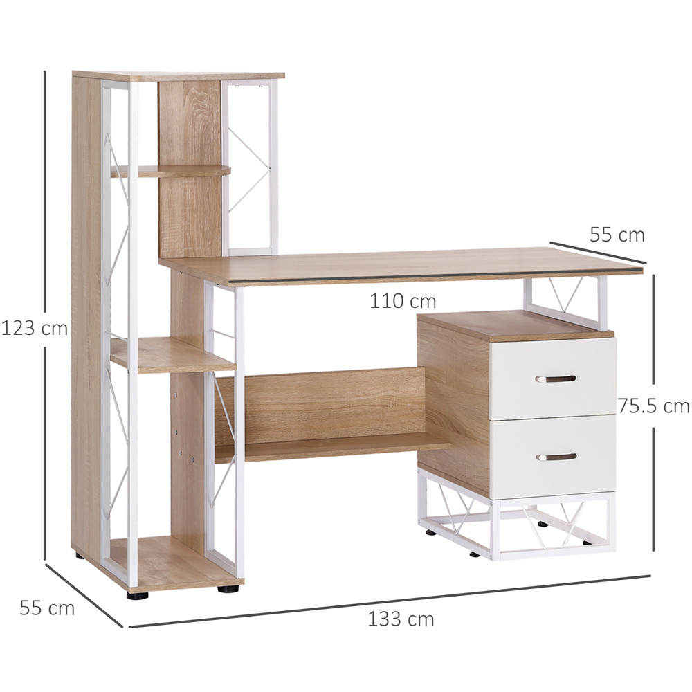 HOMCOM Computer Desk with Drawers and Bookshelf, Writing Desk for Home Office with Storage Shelves, Study Workstation, Oak