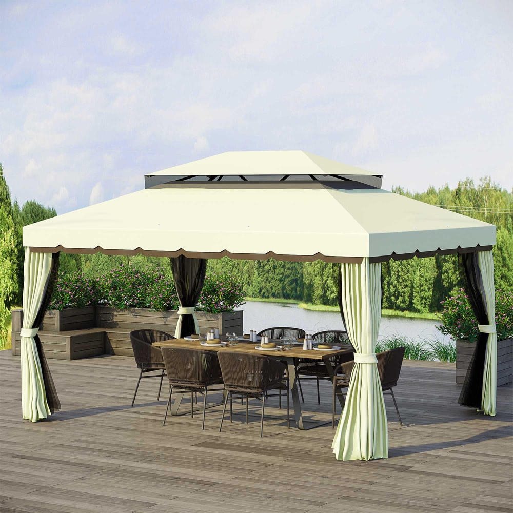 Outsunny 4 x 3 m Aluminum Garden Gazebo, Double Roof Outdoor Gazebo Canopy Shelter with Netting & Curtains for Garden, Lawn, Backyard and Deck, Cream