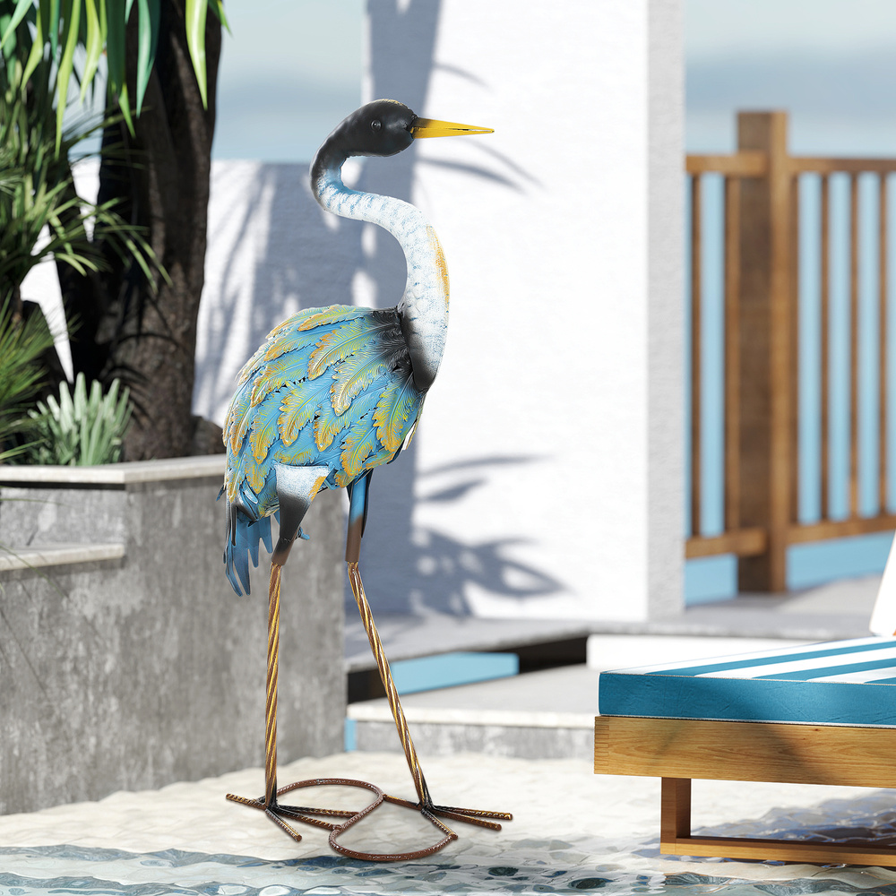 Outsunny Heron Garden Statue, Standing Garden Ornament, Metal Garden Gift with Stakes, 28 x 17 x 63 cm, Multi-Colour
