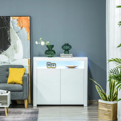 HOMCOM 2-Door Sideboard with LED Light, High Gloss Lighted Storage Cabinet with Shelves and Open Compartment, Modern Kitchen Sideboard for Dining Room, Living Room, 107 x 35 x 97cm, White