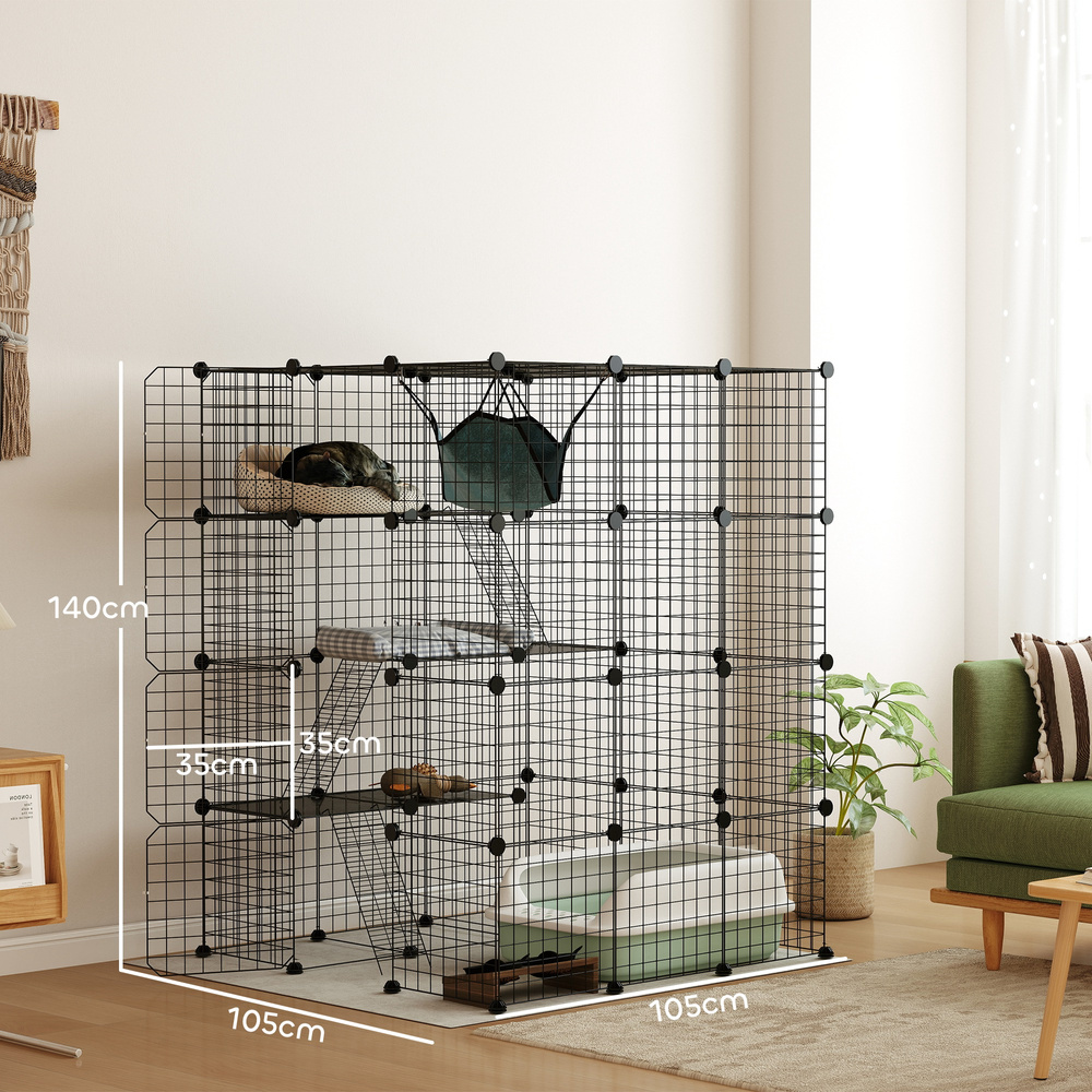 PawHut Steel Wire Cat Cage Indoor with Hammock, Ramps, Doors, DIY Cat Enclosure for 1-3 Cats, Black