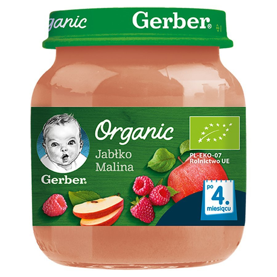 Gerber Organic Jabłko Malina dla Niemowląt po 4 Miesiącu bez Dodatku Cukru 125g
