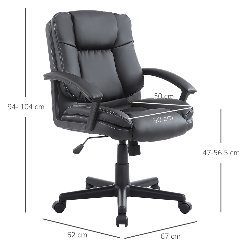 HOMCOM Desk Chair, PU Leather Office Chair with Adjustable Height and Swivel Wheels, for Home Work Study, Black