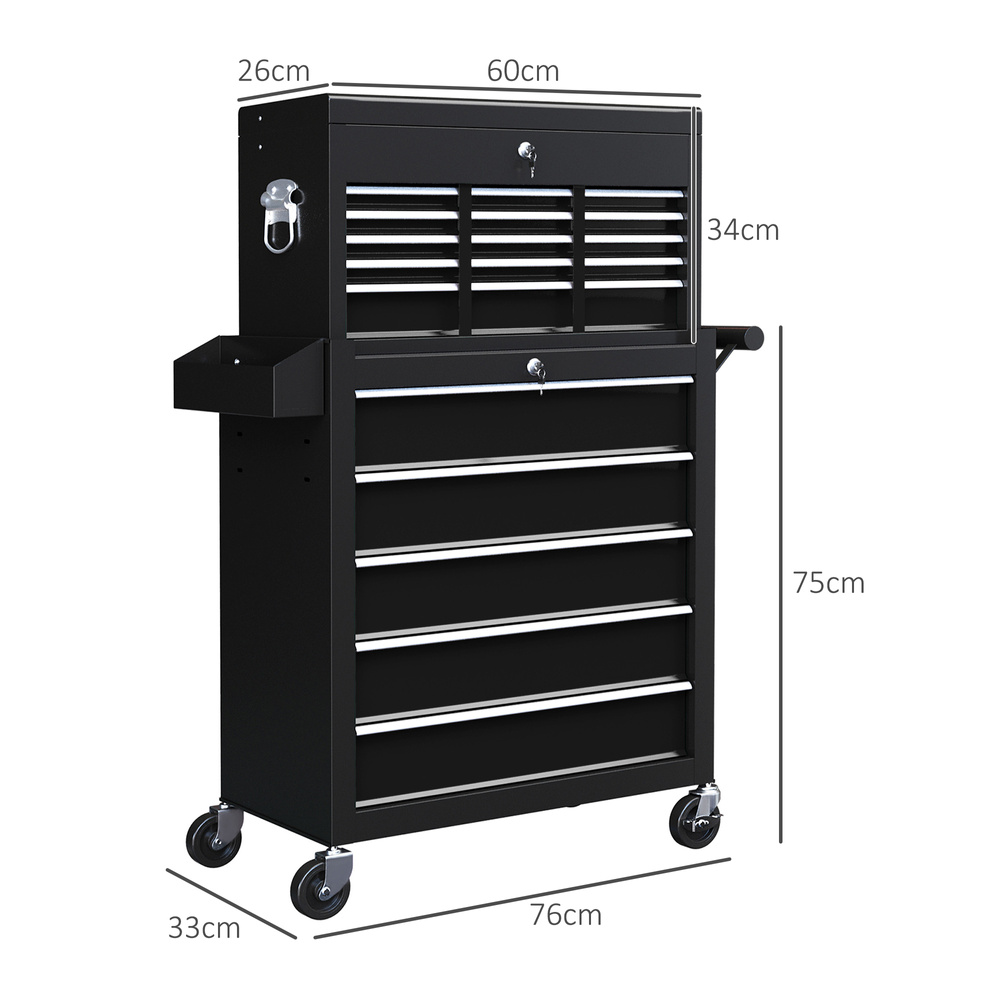 HOMCOM 14 Drawer, Two-Part Tool Storage Chest on Wheels - Black