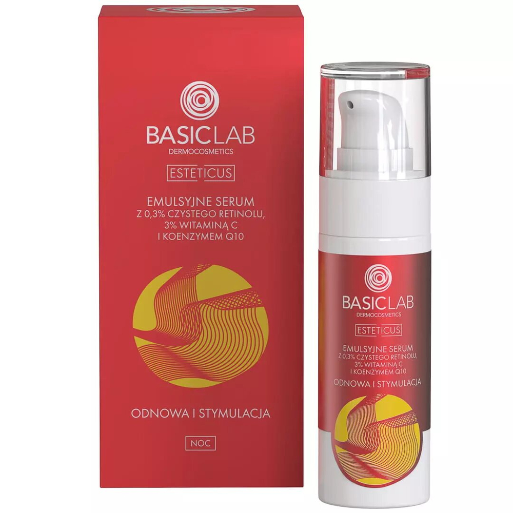 BasicLab Emulsyjne Serum z 0,3% Czystego Retinolu 3% Witaminą C Koenzymem Q10 Odnowa i Stymulacja  dla Skóry Problematycznej na Noc 30ml Best Before 30.11.25 30ml