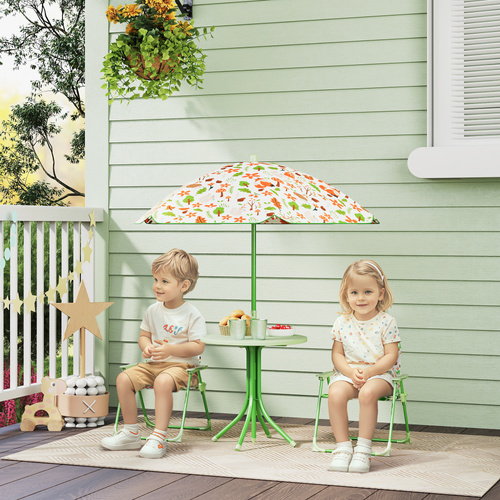 AIYAPLAY 4-Piece Kids Garden Table and Chair Set with Adjustable Parasol, Folding Chairs, Table, Nature Pattern, Green
