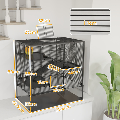 PawHut Four-Tier Hamster Cage with Deep Tempered Glass Bottom, Hut, Running Wheel, Food Dish, Water Bottle, 78.5 x 48.5 x 80cm