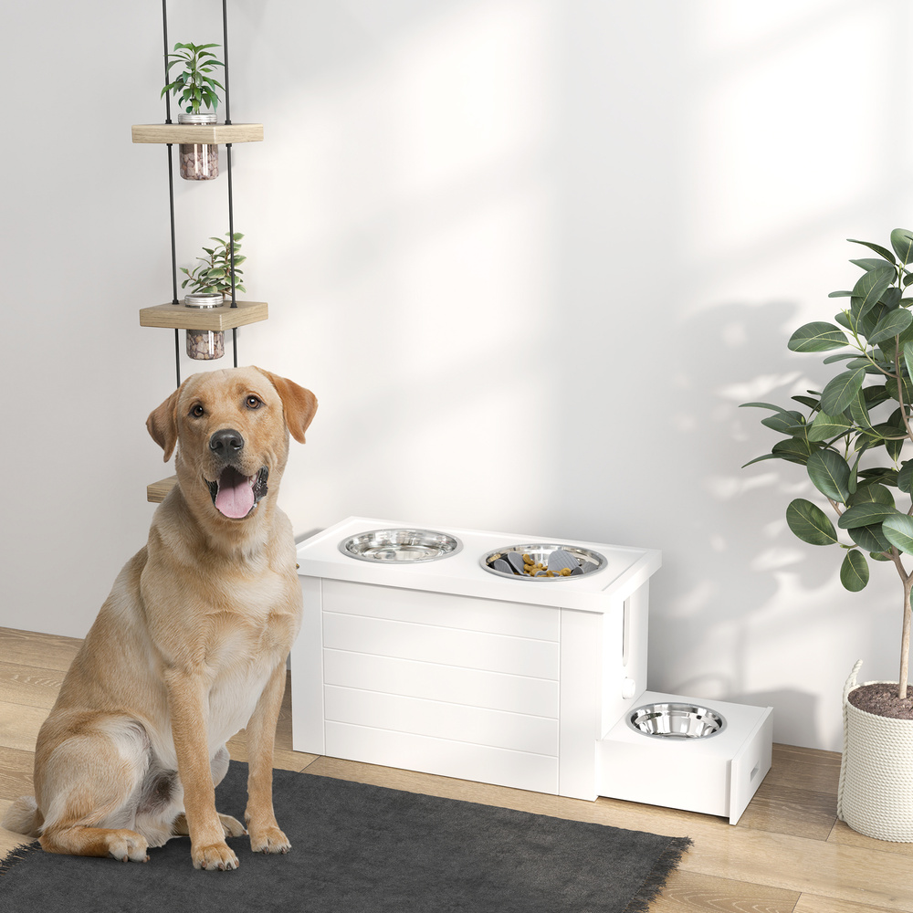 PawHut Raised Dog Bowls w/ Slow Feeder Mat, Storage Cabinet, Three Stainless Steel Bowls, Semi Auto Dispenser Function, White