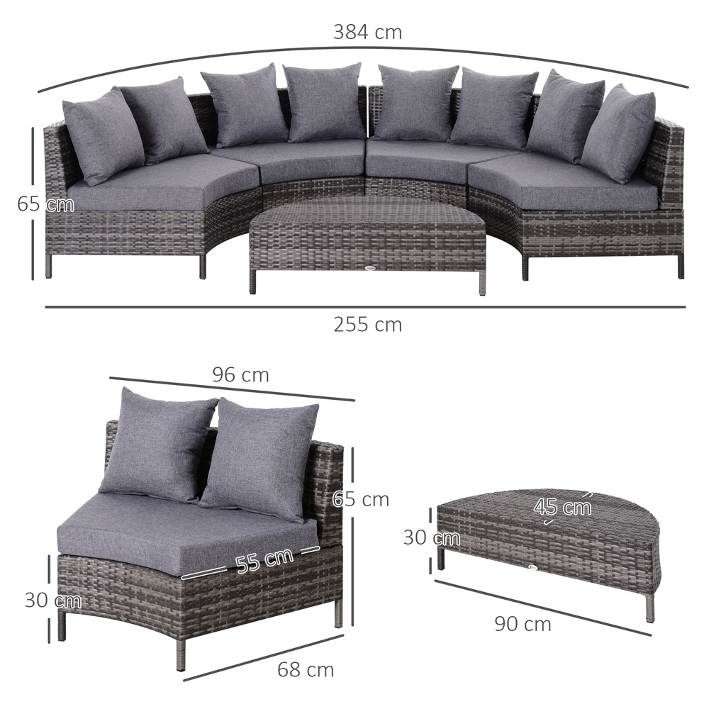 Outsunny 5 Pieces Rattan Garden Furniture Set, 4 Seater Half-Round Garden Sofa Set with Thickened Cushions, Wicker Conservatory Furniture with 4 Chairs, Rattan Coffee Table and Pillows, Grey