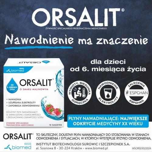 Orsalit Wspomaga Nawodnienie Organizmu i Uzupełnia Elektrolity o Smaku Malinowym 10 Saszetek
