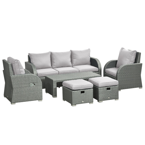 Outsunny Six-piece Outdoor Rattan Dining Set, Outdoor Sofa Set with Reclining Armchairs and Mental Frame, Grey