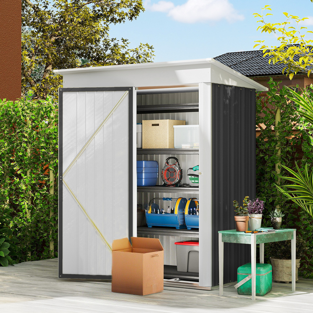 Outsunny Metal Garden Shed, Outdoor Lean-to Shed for Tool Motor Bike, with Adjustable Shelf, Lock, Gloves, 5'x3'x6', Dark Grey