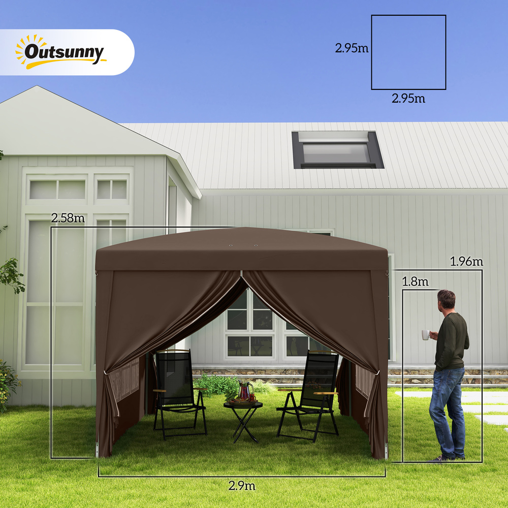 Outsunny 3 x 3 m Pop Up Gazebo, Wedding Party Canopy Tent Marquee with Carry Bag and Windows, Coffee