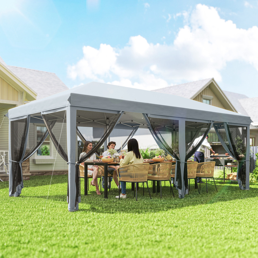 Outsunny 3 x 6m Pop Up Gazebo, Outdoor Canopy Shelter, Marquee Party Wedding Tent with 6 Mesh Walls and Carry Bag, Grey