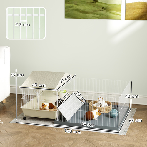 PawHut Small Animal Cage with Removable Pet Playpen, Guinea Pig Cage with Waterproof Pad, Hay Feeder, 108 x 71 x 57cm, Beige