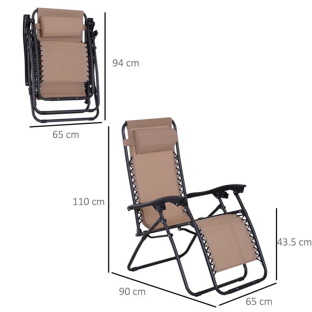 Outsunny Zero Gravity Chair Set of 2, Metal Frame Texteline Armchair Outdoor Folding and Reclining Sun Lounger with Head Pillow for Patio Decking Gardens Camping, Beige