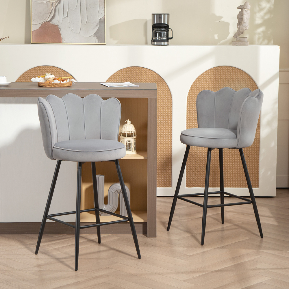 HOMCOM Set of Two Velvet-Feel Lotus Bar Stools - Grey