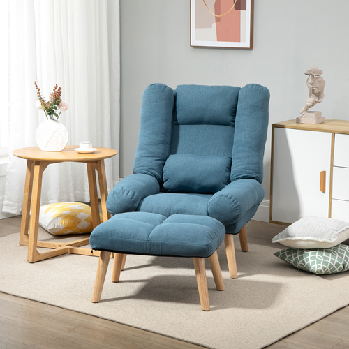 HOMCOM Armchair with Footstool & Ottoman, Accent Chair and Footstool with 3-Position Adjustable Backrest, Blue