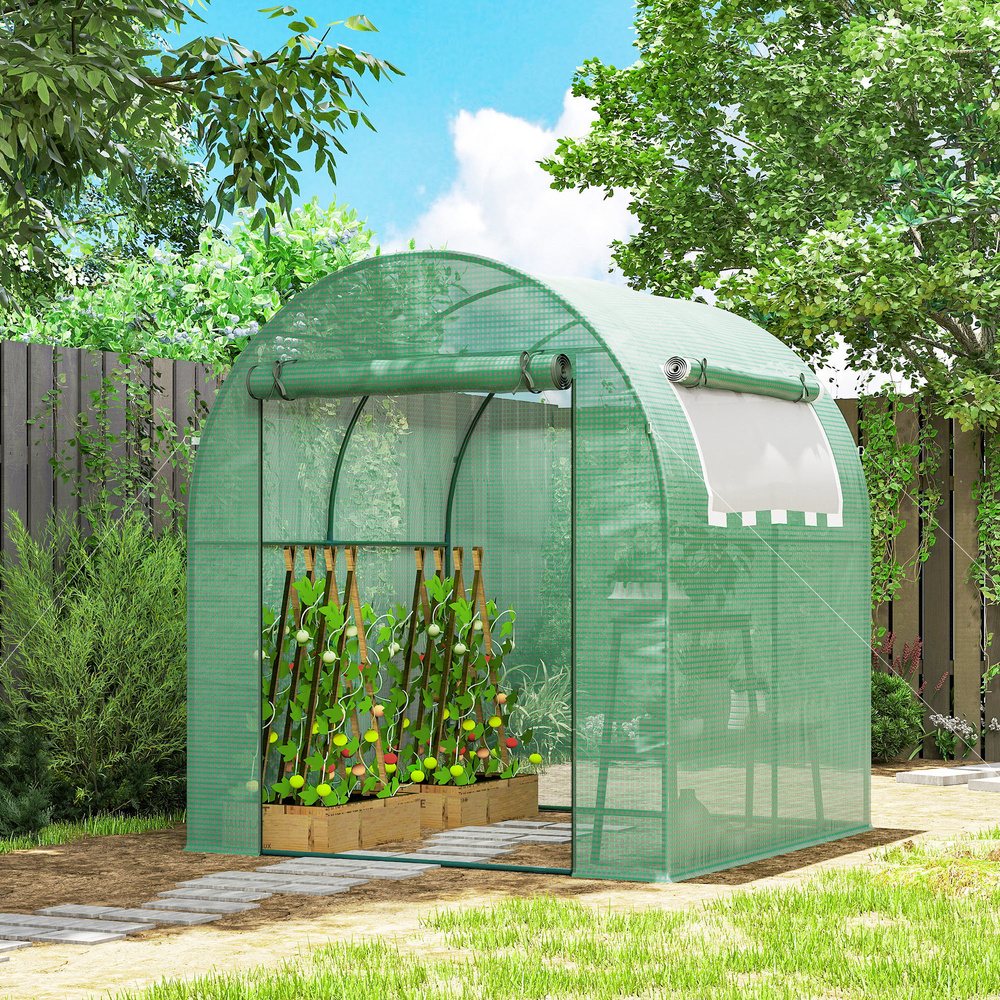Outsunny Walk in Polytunnel Greenhouse, Green House for Garden with Roll-up Window and Door, 1.8 x 1.8 x 2 m, Green