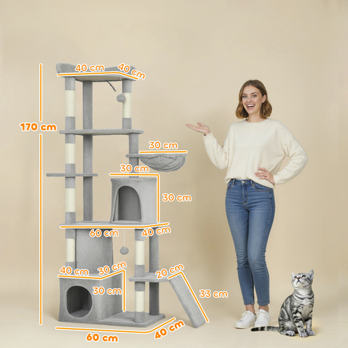 PawHut 170 cm Large Cat Tree, Cat Tower with 7 Scratching Posts, 2 Condos, Hammock,  Light Grey