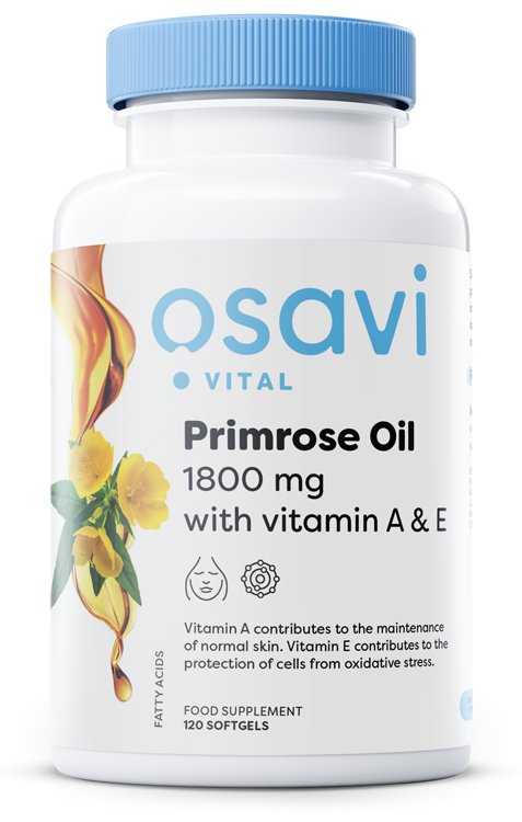 Osavi Primrose Oil with Vitamin A & E 1800mg Olej z Wiesiołka Wspiera Zdrowie Skóry 120 Kapsułek