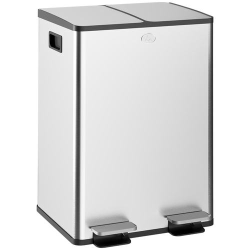 HOMCOM 56L Dual Compartment Stainless Steel Bin, with Deodoriser Holders - Silver Tone