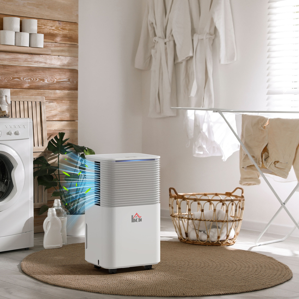 HOMCOM 10L/Day Dehumidifier with 2L Water Tank, Laundry Drying, Automatic Humidity Sensor, Electric Portable Dehumidifier with 24H Timer, 3 Modes for Home Damp, Mould and Condensation