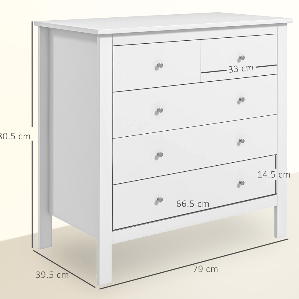 HOMCOM 5 Drawer Dresser for Bedroom, Modern Chest of Drawers, Wide Storage Unit for Living Room, Hallway, Closet, White