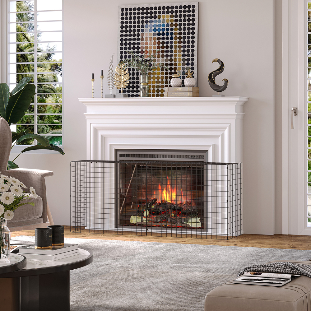 HOMCOM Extendable Fire Guard Screen, Freestanding Fire Screen Spark Guard, Folding Fireplace Cover, Wire Mesh, Child & Pet Safety Barrier for Fireplaces, 81.5-160cm, Black