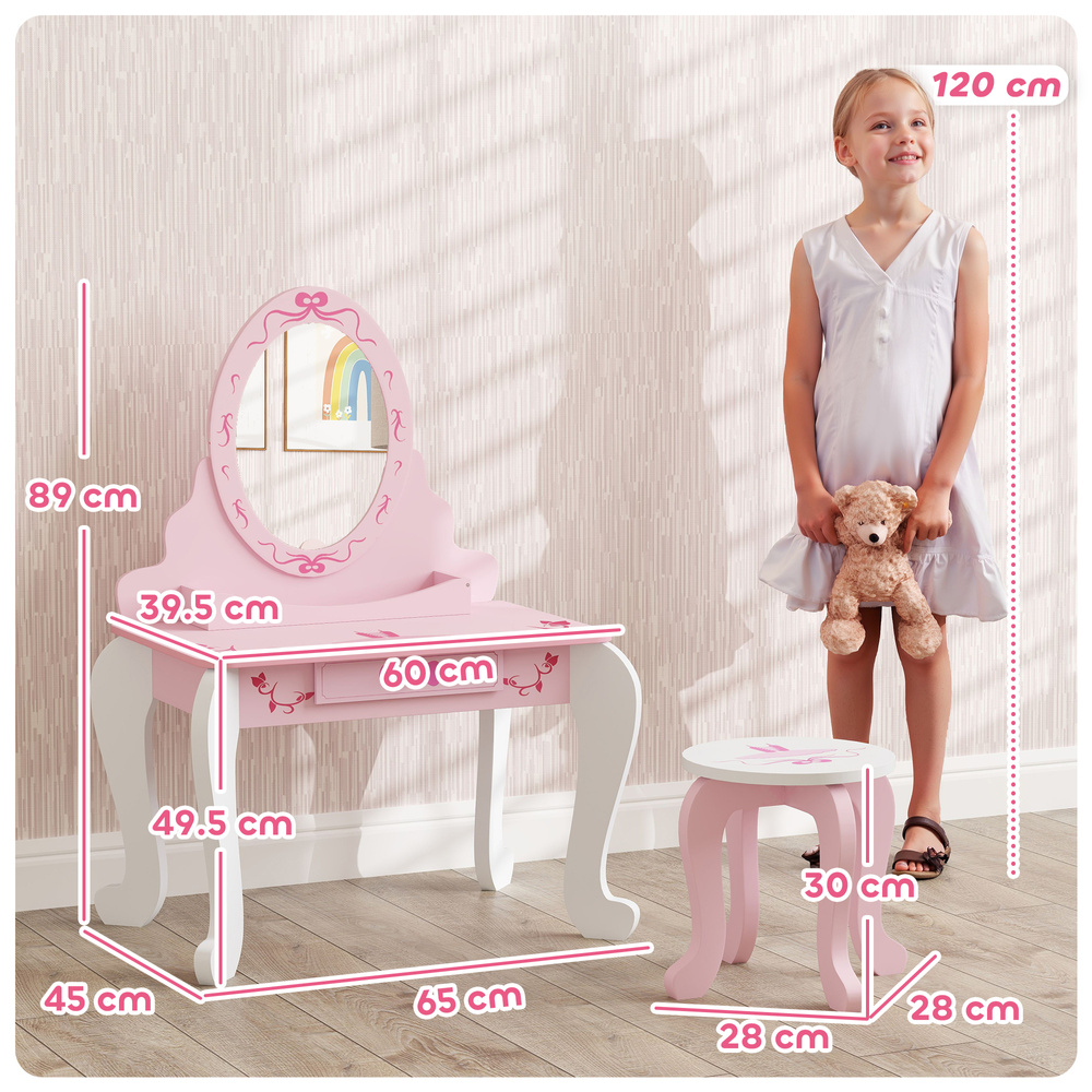 AIYAPLAY Kids Dressing Table Set, Vanity Table with Stool, Mirror, Drawer, Desktop, Storage, Ballet-Theme, Pink