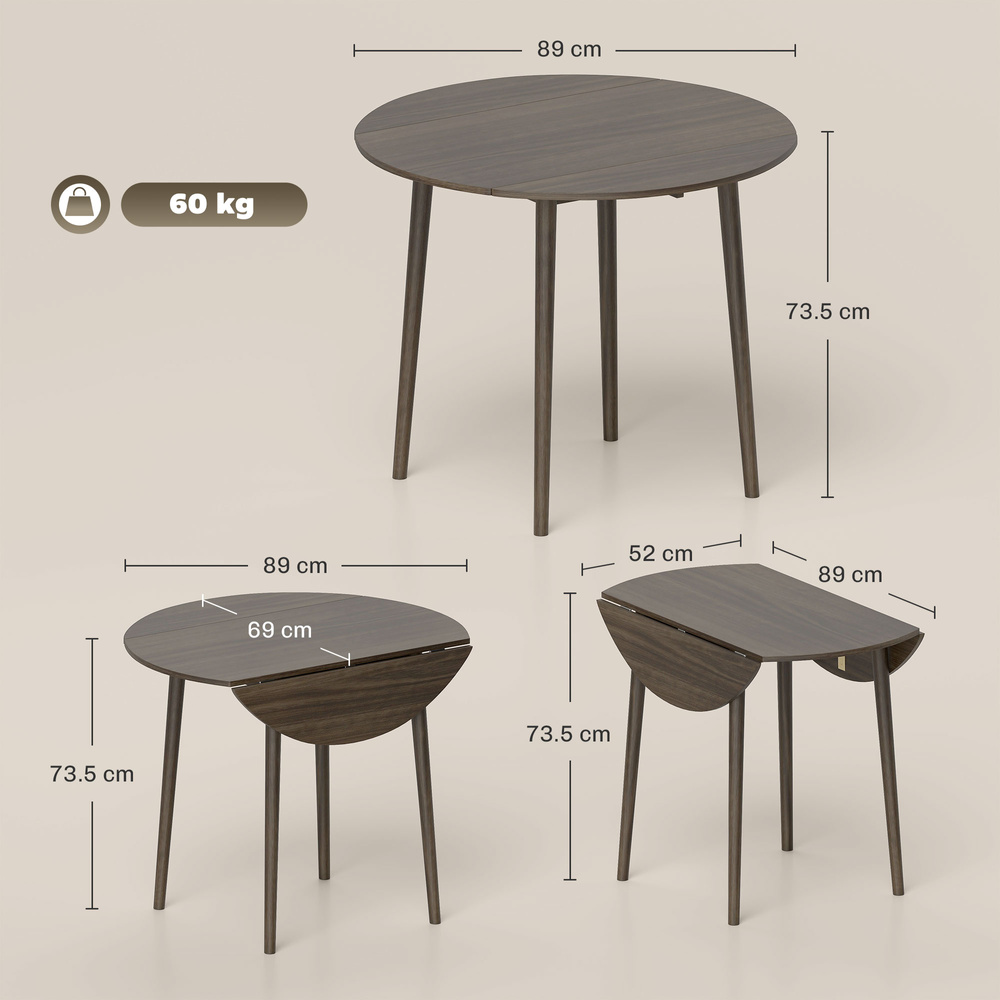 HOMCOM Folding Dining Table for 4, Round Drop Leaf Table, Modern Space Saving Small Kitchen Table with Wood Legs for Dining Room, Grey