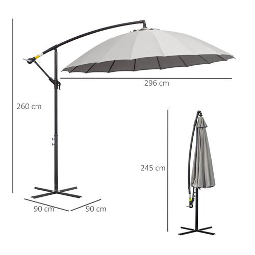 Outsunny 3(m) Cantilever Umbrella 18 Ribs & Vents Adjustable Angle for Patio Light Grey