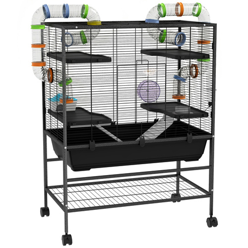 PawHut Large Hamster Cage, Gerbil Cage with Tubes, Storage Shelf, Ramps, Platforms, Running Wheel - Black