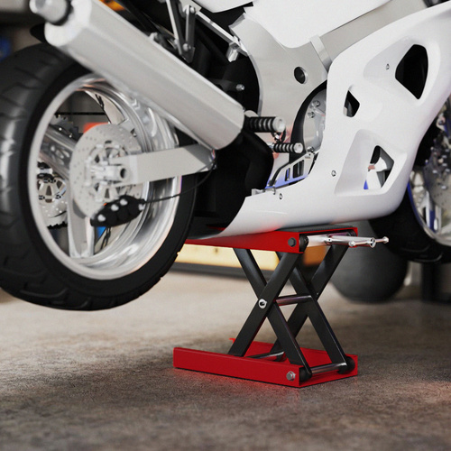 DURHAND 500KG Motorcycle Lift Scissor Jack, Height Adjustable Motorbike Stand with Anti-Slip Wide Deck, Heavy Duty Steel Motorbike Repair Lift Hoist Stand for Home Garage, Red