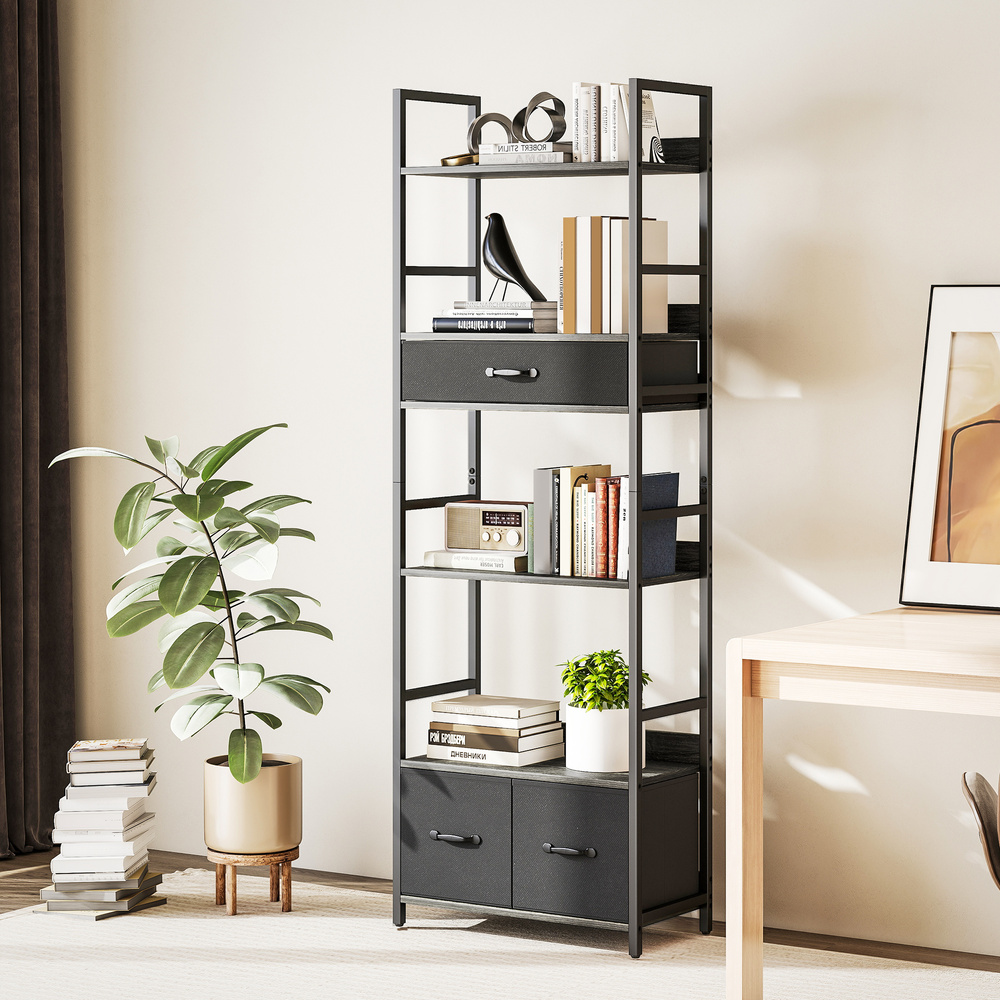 HOMCOM Industrial Style Bookcase, with 4 Shelves and 3 Fabric Drawers - Grey/Black