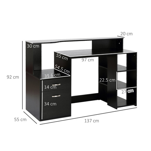 HOMCOM Computer Desk with Drawers and Storage Shelves, Office Desk Writing Table with Printer Stand, Large Workstation for Study Play Work Home Office, 137 x 55 x 92cm, Black