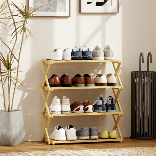 HOMCOM Four-Tier Folding Bamboo Shoe Rack - Natural Finish