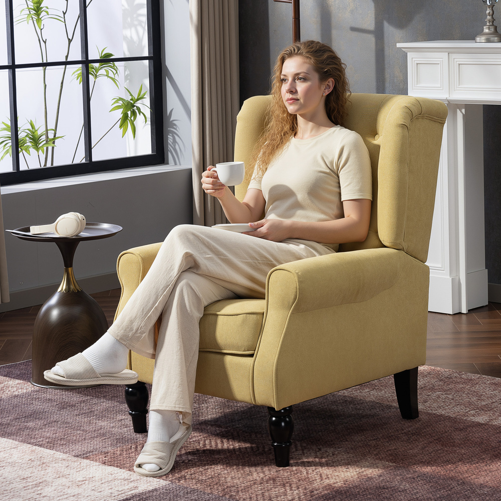 HOMCOM Wingback Accent Chair, Retro Upholstered Button Tufted Occasional Chair for Living Room and Bedroom, Yellow