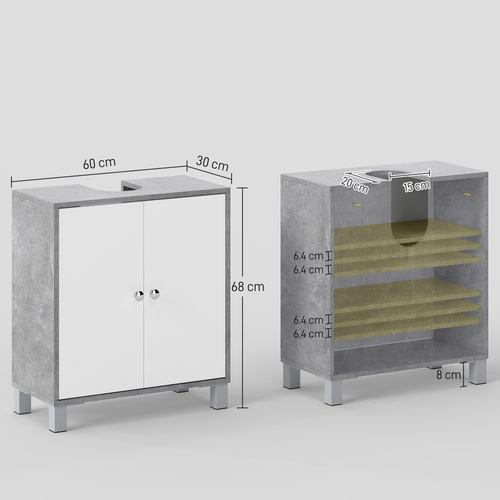 kleankin Under Sink Cabinet, Bathroom Vanity Unit, Storage Cupboard with Adjustable Shelves, White and Grey