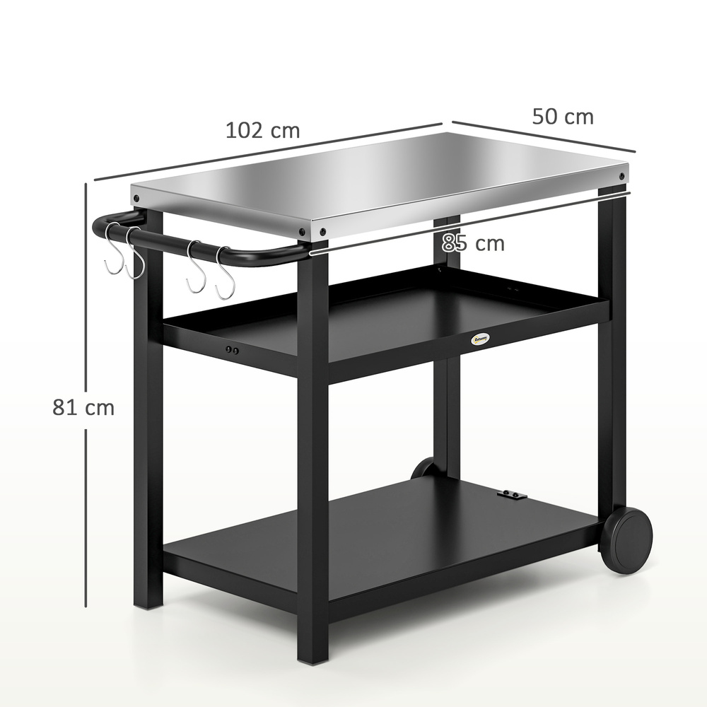 Outsunny Outdoor Grill Dining Cart 3-Shelf Movable Pizza Oven Table Stand with Stainless Steel Top, Portable BBQ Trolley Food Prep Outdoor Kitchen Barbecue Station with Hooks Wheels, Charcoal Grey