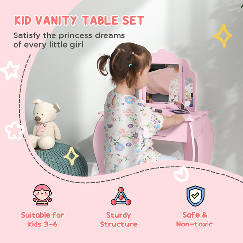 HOMCOM Kids Vanity Table and Chair Set with Tri-Folding Mirror and Stool, Makeup Dressing Table with Drawer, Pink