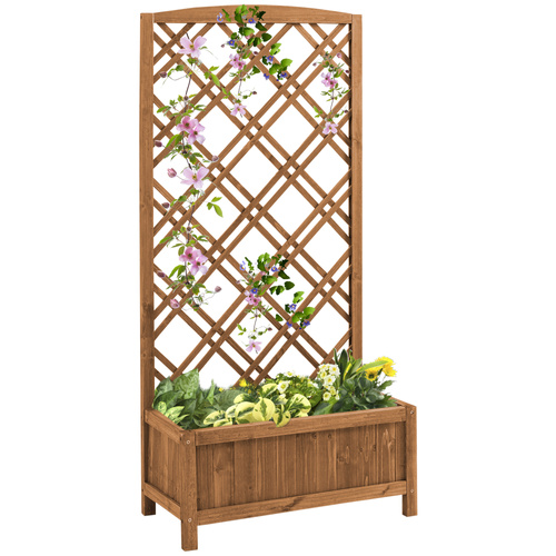 Outsunny Garden Planter with Trellis, Wooden Raised Bed for Garden with Lattice Trellis for Vegetables, Herbs and Flowers, Brown