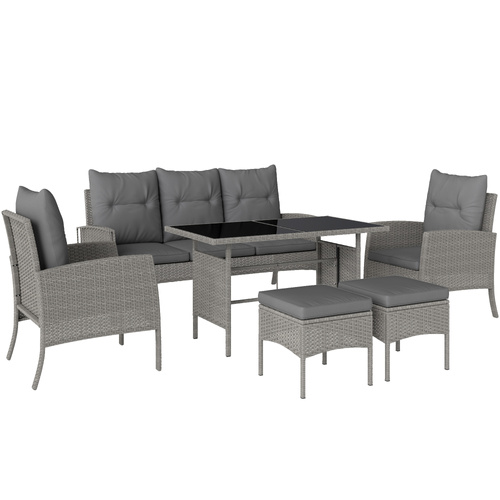 Outsunny 5 Seater Rattan Garden Furniture Set, 6 Piece Garden Sofa Set, Armchairs, 3-Seater Sofa, Footstools, Glass Dining Table, Cushions, Wicker Outdoor Furniture for Conservatory Patio, Grey
